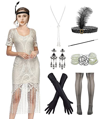 Image of Women 1920s Gatsby Flapper Dress Sexy Open Back Strap Fringed Cocktail Party Dress with 20s Accessories