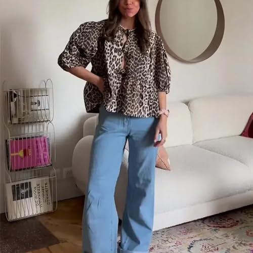 Tie Front Tops Womens Y2k Leopard Print Peplum Babydoll Top 3/4 Length Puff Sleeve Coquette Cute Going Out Tops4