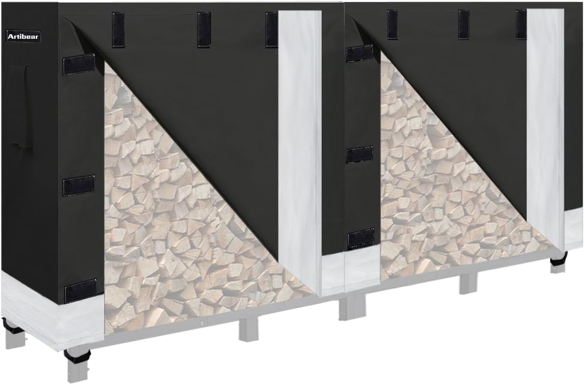Artibear 8ft Firewood Rack Cover for Wood Holder, Waterproof Wood Pile Cover for Outside, Indoor Outdoor Log Rack Cover for Firewood with Buckle, Black (Frame not Include)