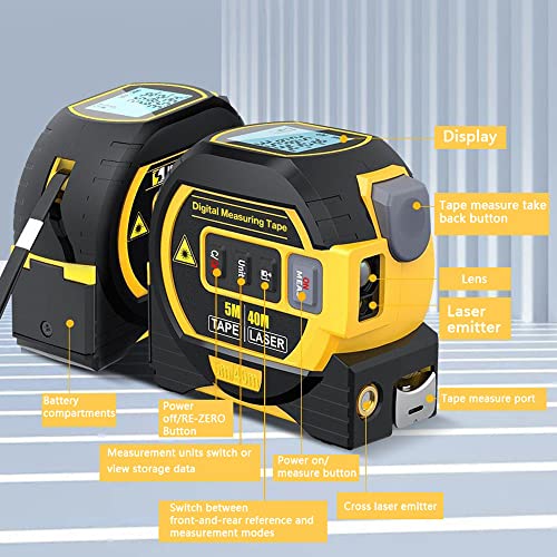 Télémètre laser, KKnoon 3 en 1 Règle de ruban à mesurer de 5 m Écran LCD avec rétroéclairage Distancemètre Dispositif de mesure de bâtiment Volumes de surface Équipement d'arpentage