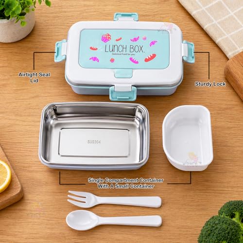 Image of WISHKEY BPA Free Stainless Steel Medium Sized Lunch Box with a Spoon & a Fork, Soft Color Tiffin Box & Cutlery Accessories for Kids & Adults, 500 ml (Set of 1, Blue)