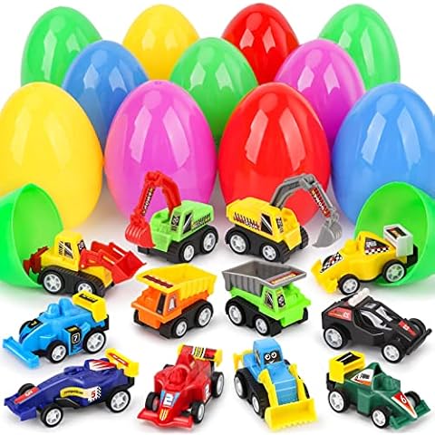 Sanlebi Filled Easter Eggs Hunt Kit with 12 Pcs Pull Back Construction Vehicles Toys Plastic Surprise Egg for Children Toddlers (car toys) Cover