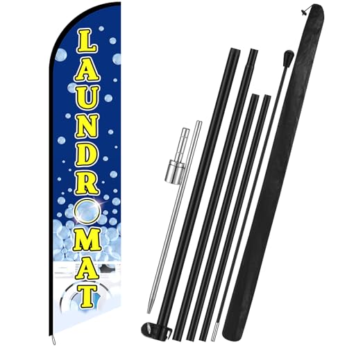 Mindsoft Laundromat Feather Flag Pole Kit Advertising Feather Banner 15 ft Sign with Flag Pole Kit and Ground Stake