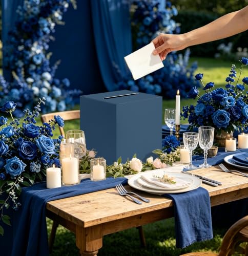 Image of SietDESEO Navy Blue Card Box with Slot Money Gift Card Box Holder for Party Wedding Reception Birthday Graduation Bridal Shower Baby Shower Diaper Raffle Box