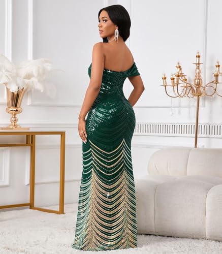 Image of Cololura Women Sexy Sequin One Shoulder Mermaid Formal Party Cocktail Gowns Bodycon Evening Maxi Dress