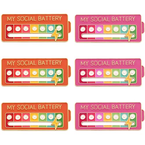 6 Stück Lustige Brosche Social Battery Pin Set Stilvolle Anstecker Pin Design My Social Battery Anzeige Soziale Batterie Anstecker-Slider mit 7 Emotionen für Kleidung Tasche Jacke (Rosa und Orange)
