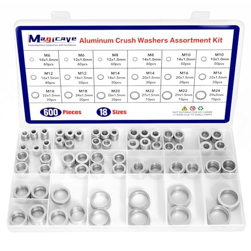 600 Pcs Aluminum Crush Washer Assortment Kit 18 Sizes Oil Drain Plug Gasket Assortment Drain Plug Washer Kit for Automotive Oil Pan Repair (M6 to M24)