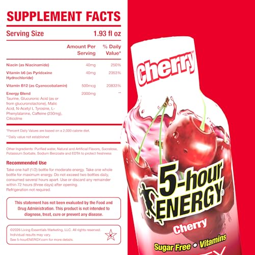 Image of 5-hour ENERGY CHERRY Flavor, 20 Count, 1.93 Fl Oz Energy Shot, Extra Strength, Amino Acids, B Vitamins, Sugar Free and Zero Calories