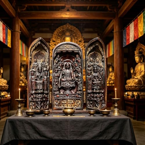 Statue Bouddha ancienne triptyque artisanat figurine décoration maison