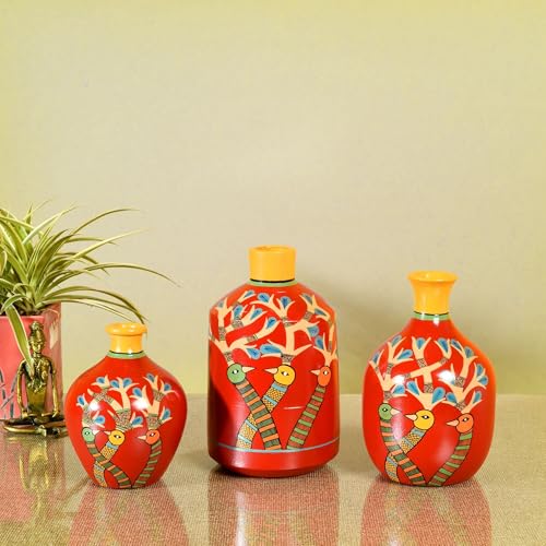 Image of Aakriti Art Creations Chirping Birds Terracotta Vase Set of 3 | Handmade Red Flower Vases | Matte Finish Floral Art Decorative Vases for Living Room, Table Decor & Gifting