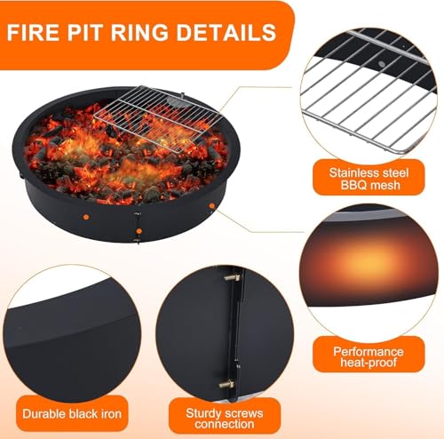 Fire Pit Ring, 42-Inch Outer/36-Inch Inner Diameter, Heavy Duty Metal Steel Round Firepit Rim Insert for DIY Fire Pits, Outdoor Above or In-Ground, Camping Garden Patio Backyard