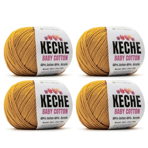 Image of Keche Cotton Yarn, 60% Cotton 40% Acrylic Yarn, Soft Cotton Yarn for Crochet and Knitting, Amigurumi Yarn 4 Skeins /Balls [1.76 Oz (50g) / 180 Yrds (165m)] x 4 - Mustard