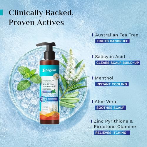 Image of Pilgrim Australian Tea Tree & Salicylic Acid Anti-Dandruff Shampoo with Cool Menthol | Up to 100% Dandruff Reduction*| Soothes Itchy Scalp | Non-Drying Formula | All Hair Types | For Men & Women (200ml)