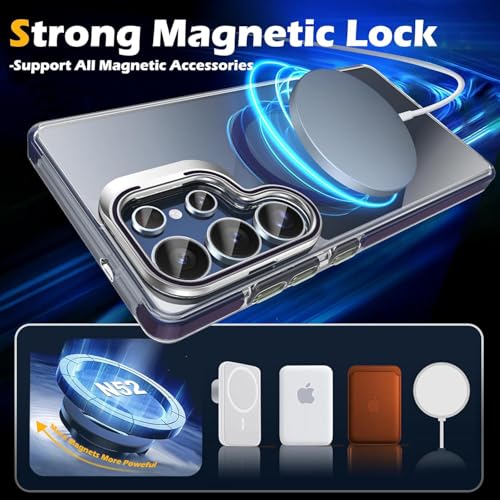 Image of Elzzi Premium Samsung S25 Ultra 5G Case Compatible With Magsafe Cover Built-In Camera Stand Transparent Covers Military-Grade Protective Case Drop Protection Non Yellowing Hard PC +TPU, Deep Purple