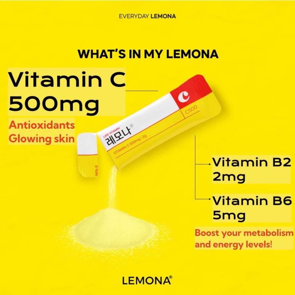LEMONA Official Vitamin C Powder 500mg Korean Supplements Immune Support B6, B2, On-The-Go Packets Vitamin Healthy Living, Easy to Take Daily Energy Boost Korean Food Snacks Lemon (70Sticks)