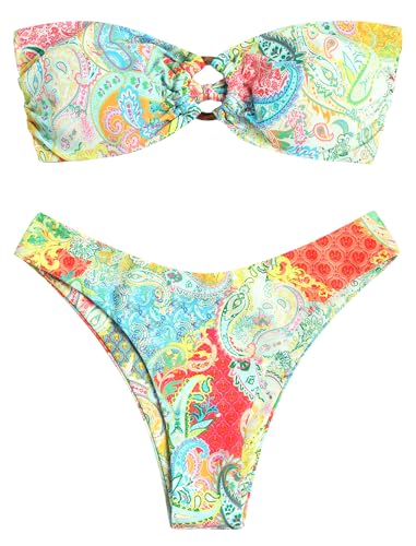 Image of ZAFUL Women's Bandeau Bikini O Ring Strapless Tie Back High Cut Two Piece Swimsuit Bathing Suits