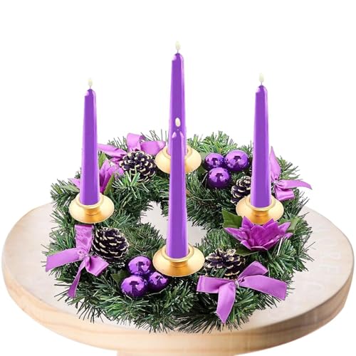 Portavelas de corona de Adviento de Navidad | Portavelas de guirnalda de piñas para velas cónicas 2024 – con lazos de cinta, candelabro de Adviento centro de mesa