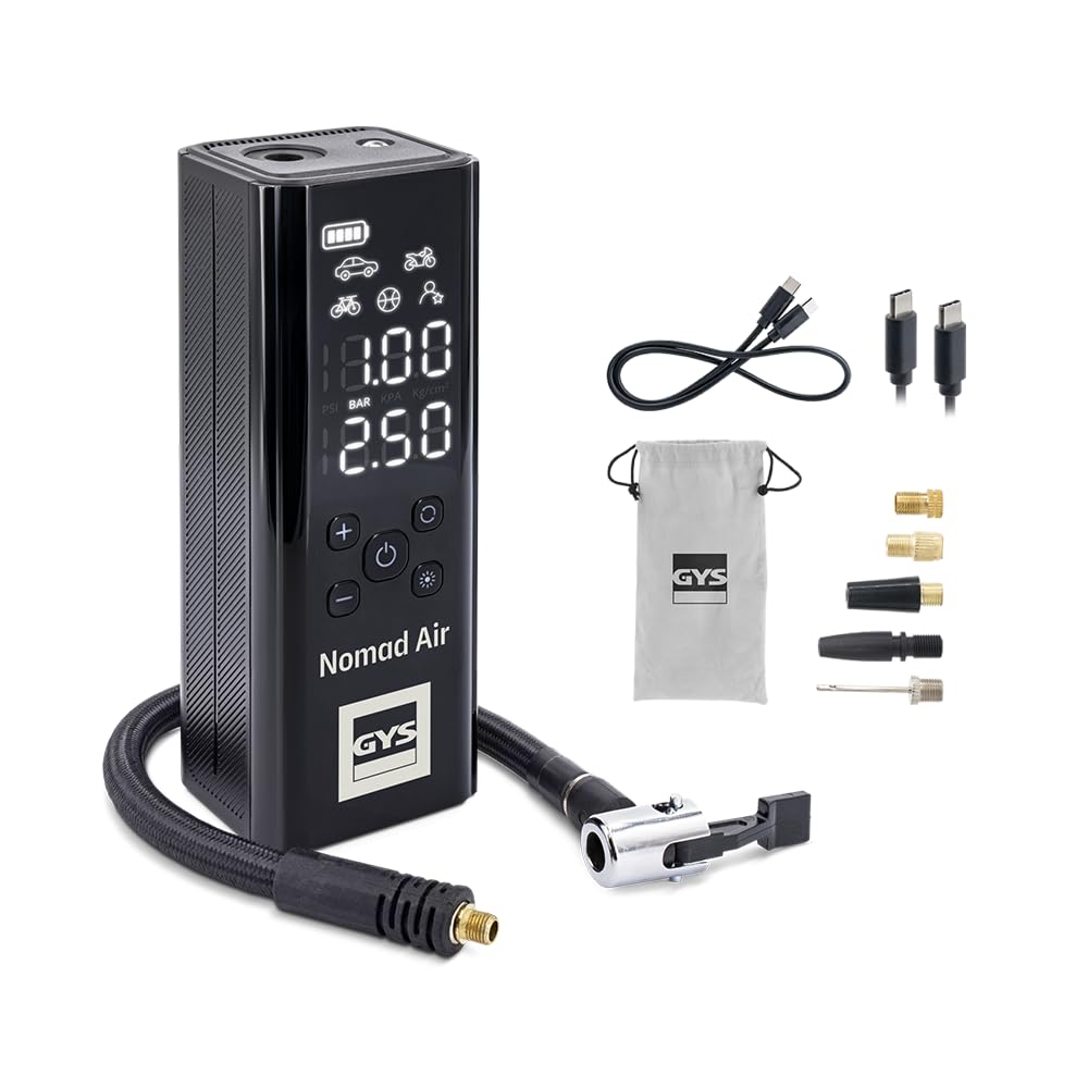 GYS, Nomad AIR, compresseur portatif Ultra-Compact, 10 Bars, 3 en 1 : Compresseur + Power Bank + Lampe pour Ballon, vélo, Moto, Voiture