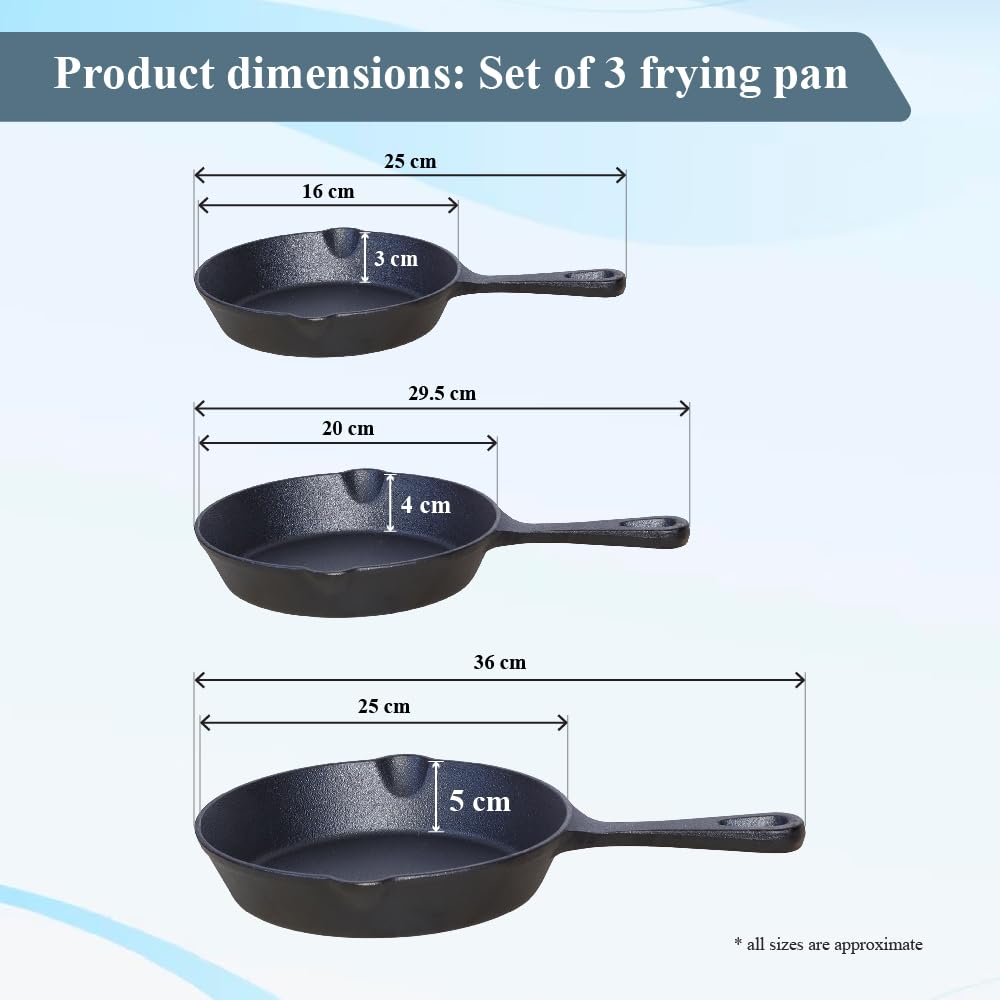 Buckingham Bratpfannen-Set, Gusseisen, vorgebrannt, 16 cm, 20 cm und 25 cm, für sicheres Kochgeschirr, für drinnen und draußen, gesundes Kochen – Premium-Qualität