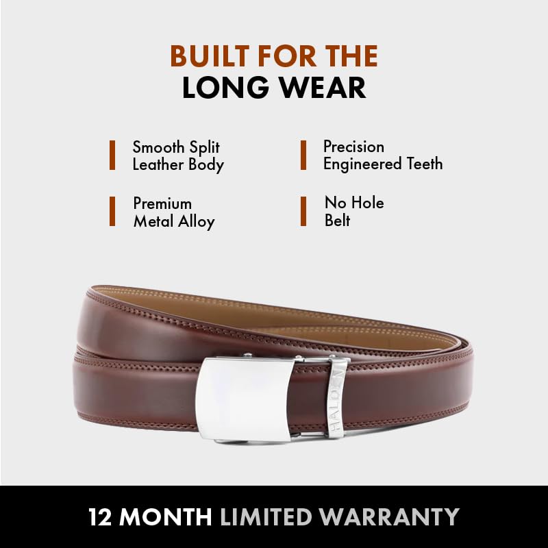 Image of HALDEN BURLEY Men's Brown Ratchet Belt | Auto-Lock Leather Formal Belt with Magnetic Buckle | Adjustable Free Size Fits Up to 44 Inch Waist