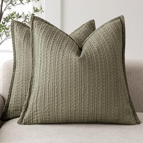 Image of Foindtower Set of 2 Decorative Cotton Waffle Weave Throw Pillow Covers Euro Shams Cushion Covers Accent European Pillowcase for Bed Couch Sofa Bedroom Living Room Home Decor 22x22 Inch Olive Green