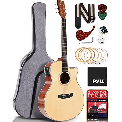 Pyle Guitarra acústica eléctrica de alta calidad con parte superior de abeto y lados de caoba, tamaño completo, acabado mate natural con kit de iniciación, ecualizador de 4 bandas, afinador de clip recargable