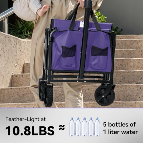 Collapsible Foldable Wagon, Foldig Cart with Wheel Heavy Duty with 180lbs Weight Capacity Lightweight Utility Camping Wagon for Groceries Garden Beach Sports Fishing (Purple)