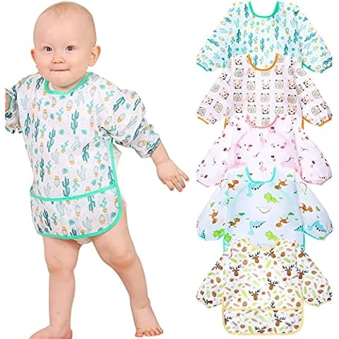 Lictin Long Sleeve Baby Bibs for Boy or Girl,Fully Waterproof Toddler Bibs,2-5 years Neutral Baby Smock for Eating,Reusable Infant Wearable Bibs for Feeding Teething or Weaning,Easy to Clean,5 Pcs Cover