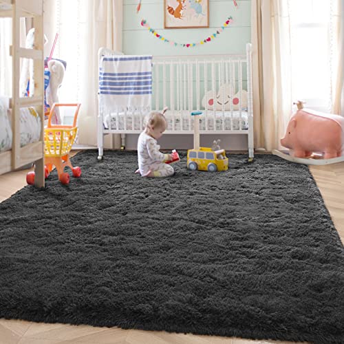HOMORE Luxury Fluffy Area Rug Modern Shag Rugs for Bedroom Living Room, Super Soft and Comfy Carpet, Cute Carpets for Kids Nursery Girls Home, 8x10 Feet Dark Gray