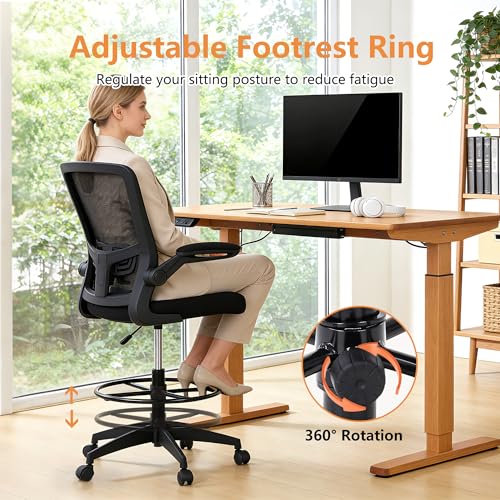 Image of BestOffice Drafting Chair Tall Office Chair Adjustable Height with Lumbar Support Flip Up Arms Footrest Mid Back Task Mesh Desk Chair Computer Chair Drafting Stool for Standing Desk