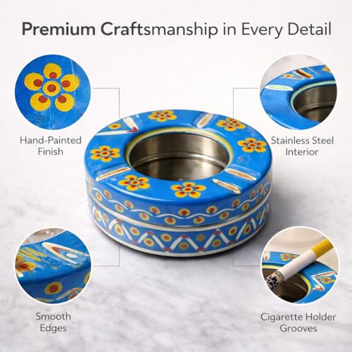 Image of iHandikart Handpainted Ash Tray 4x2 Inch | Metal Ashtray for Home, Table & Car Use | Multicolour Decorative Ashtray | Handmade Smoking Accessories for Indoor & Outdoor Use(Blue)