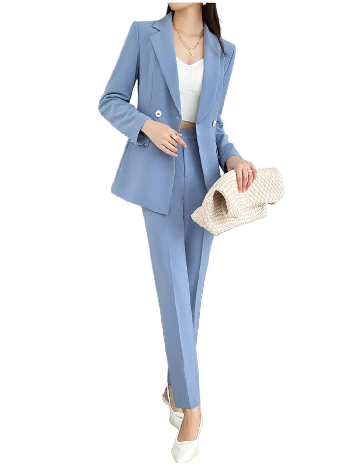 Womens Suit Banquet Two Pieces Speech Double Breasted Buttons Jacket Pants Set Party