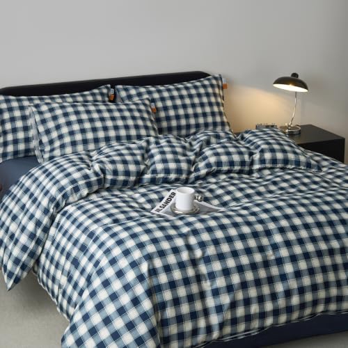 Image of EAVD Vintage Buffalo Plaid Duvet Cover Set Queen 3-Piece Navy Blue&White