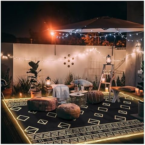 Outdoor Rugs Carpet 9x12 ft for Patio RV Camping with Led Strip Lights Waterproof Plastic Straw Rug Reversible Portable Floor Mats Outside Decor Indoor Rugs Balcony Picnic Geometric Rug Clearance Cover