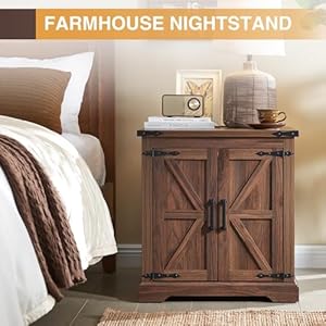 Farmhouse end table with charging station24 large sofa side table with barn door rustic wood square nightstand bedside table with adjustable storage shelf for living room bedroomwalnut  urban country home decor
