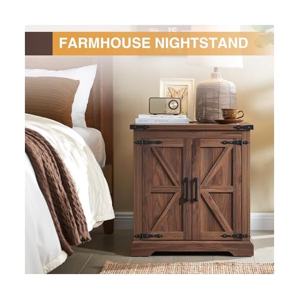 Farmhouse end table with charging station24 large sofa side table with barn door rustic wood square nightstand bedside table with adjustable storage shelf for living room bedroomwalnut  urban country home decor