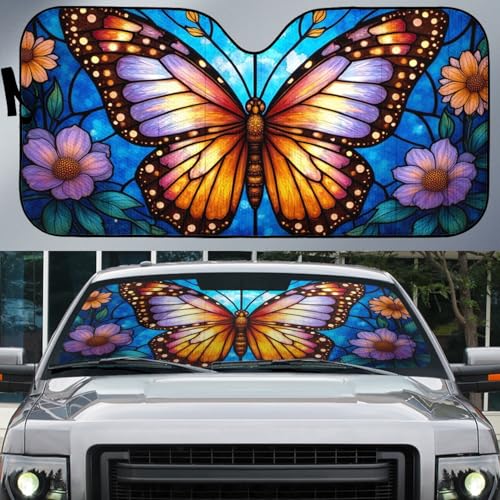 Butterfly Stained Glass Car Window Shades, Car Windshield Sun Shade Foldable Funny Butterfly