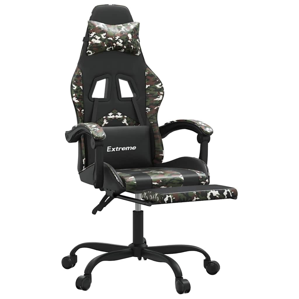 Fotel gamingowy z podnóżkiem, obrotowy, czarny, w kolorze maskującym, sztuczna skóra, ergonomiczne siedzisko wyścigowe do komputera, biura i domowego biura, z funkcją przechylania, poduszką