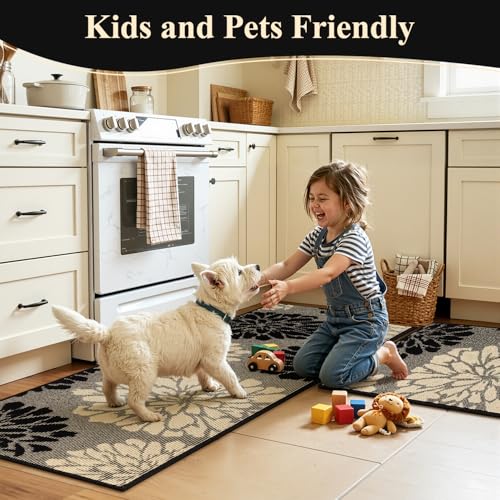 Findosom Kitchen Rugs Sets of 2, Floral Washable Kitchen Runner Rug, Black by Findosom - Used condition - Image 2
