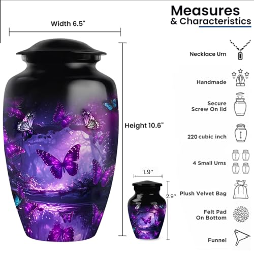 Image of Funeral Cremation Purple Butterfly Urn Sets of 6 with 1 Large Butterfly Purple Urns for Human Ashes Adult Female & Male, 4 Small Purple Urn for Ashes for Women & 1 Pendant for Ashes