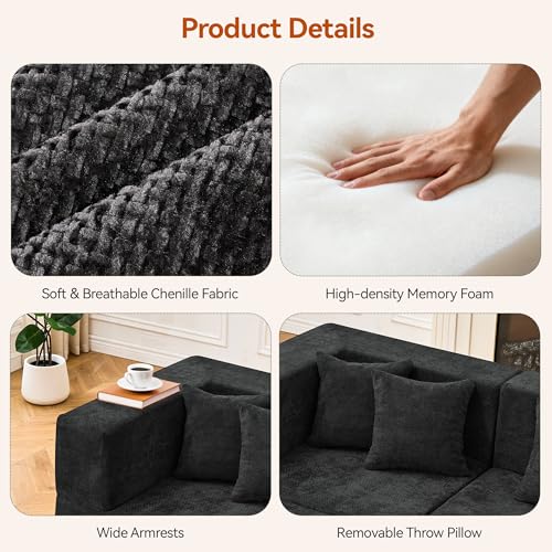 Image of MONVANE 103'' Modular Sectional Sofa, Comfy Chenille Cloud Couch with Ottoman, Modern Convertible L Shaped Couch with Deep Seat, Sectional Couches for Living Room, Bedroom and Apartment, Black