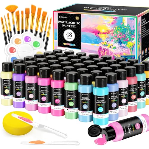 64 PCS Pastel Acrylic Paint Set with 12 Brushes 2 Knives & Palette 48 Colors (2oz/60ml) Art Craft Paint for Adults Artists Beginners Canvas Ceramic Rocks Wood Painting Kit Art Supplies