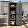 YITAHOME Narrow Outdoor Storage Cabinet, Weather-Resistant Patio Storage with Adjustable Shelves, 63 Inch Wicker Outside Vertical Tools Cabinet for Garden, Lawn, Backyard (Black)