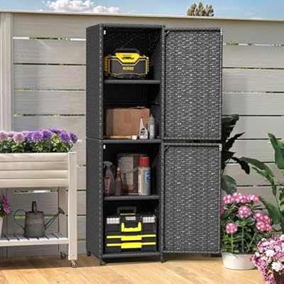 YITAHOME Narrow Outdoor Storage Cabinet, Weather-Resistant Patio Storage with Adjustable Shelves, 63 Inch Wicker Outside Vertical Tools Cabinet for Garden, Lawn, Backyard (Black)