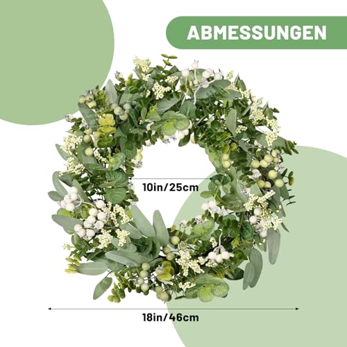 46 cm Immergrüner Eukalyptus-Beeren-Kranz aus Premium-PE – Ganzjähriger Wetterfester Türkranz für Haustür, Garten & Outdoor-Deko mit 6 Beerengruppen