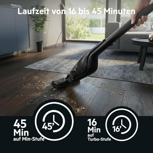 AEG Serie 3000 Ergorapido CX7-2-45MÖ 2in1 Akku Staubsauger, 50% Recyclingmaterial, beutellos, bis zu 45 min Laufzeit, freistehend, wendig, Bürstenreinigungsfunktion, LED, 0.5L, schwarz