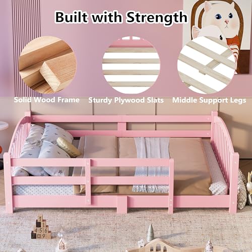 Image of Bellemave Twin Size Kids Montessori Floor Bed,Twin Size Floor Bed Frame with Slats and Safety Guardrail,Solid Wood Montessori Bed for Girls Boys,Pink
