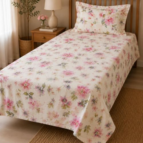 Image of Linen Home Cotton Percale Flat Bedsheet Set Single Size Floral Pink
