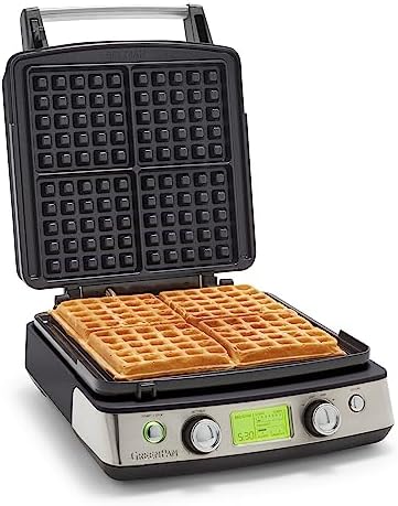 GreenPan Elite 4-Square Belgian & Classic Waffle Maker, Healthy Ceramic Nonstick Aluminum Dishwasher Safe Plates, Adjustable Shade/Crunch Control, Wont Overflow,Easy Cleanup Breakfast,PFAS-Free,Black