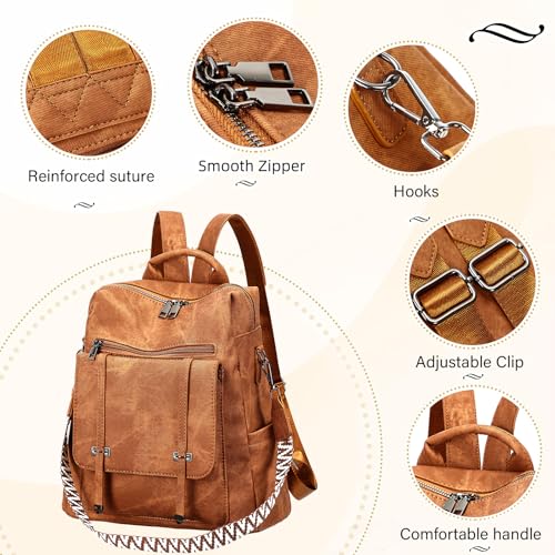 Leathario Rucksakck Damen Wasserdicht,Veganes Leder Cityrucksack,Rucksackhandtasche Mittelgroß, Diebstahlsich Tagesrucksack für Büro,Pendeln,Arbeit,Leicht Elegant Backpack Women Groß für Reise,Braun